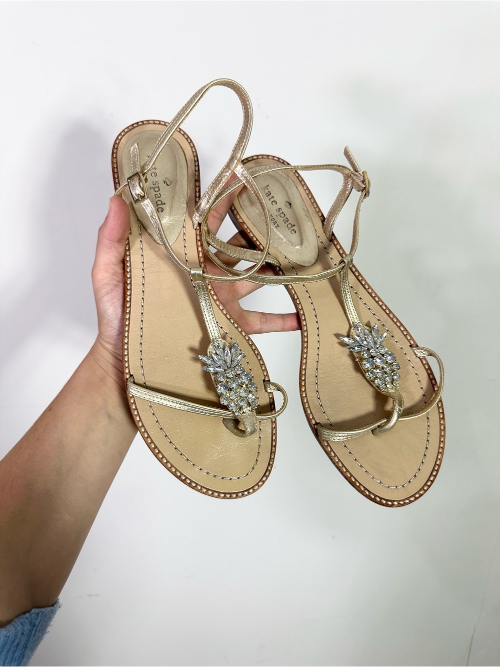 Kate Spade Gold Rhinestone Embellished Pineapple Flat Sandals